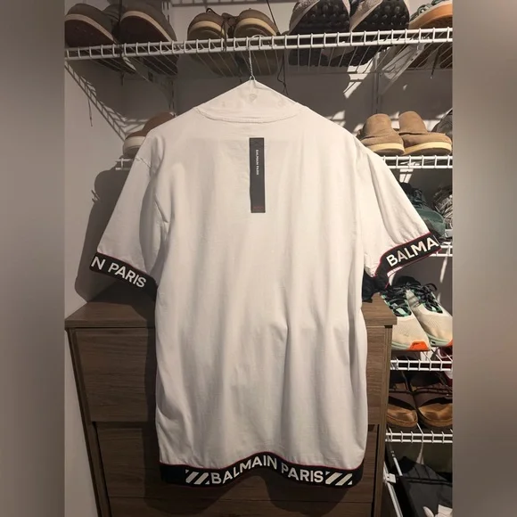 NWT Balmain White Tee with Black and Red Accents - Picture 2 of 4
